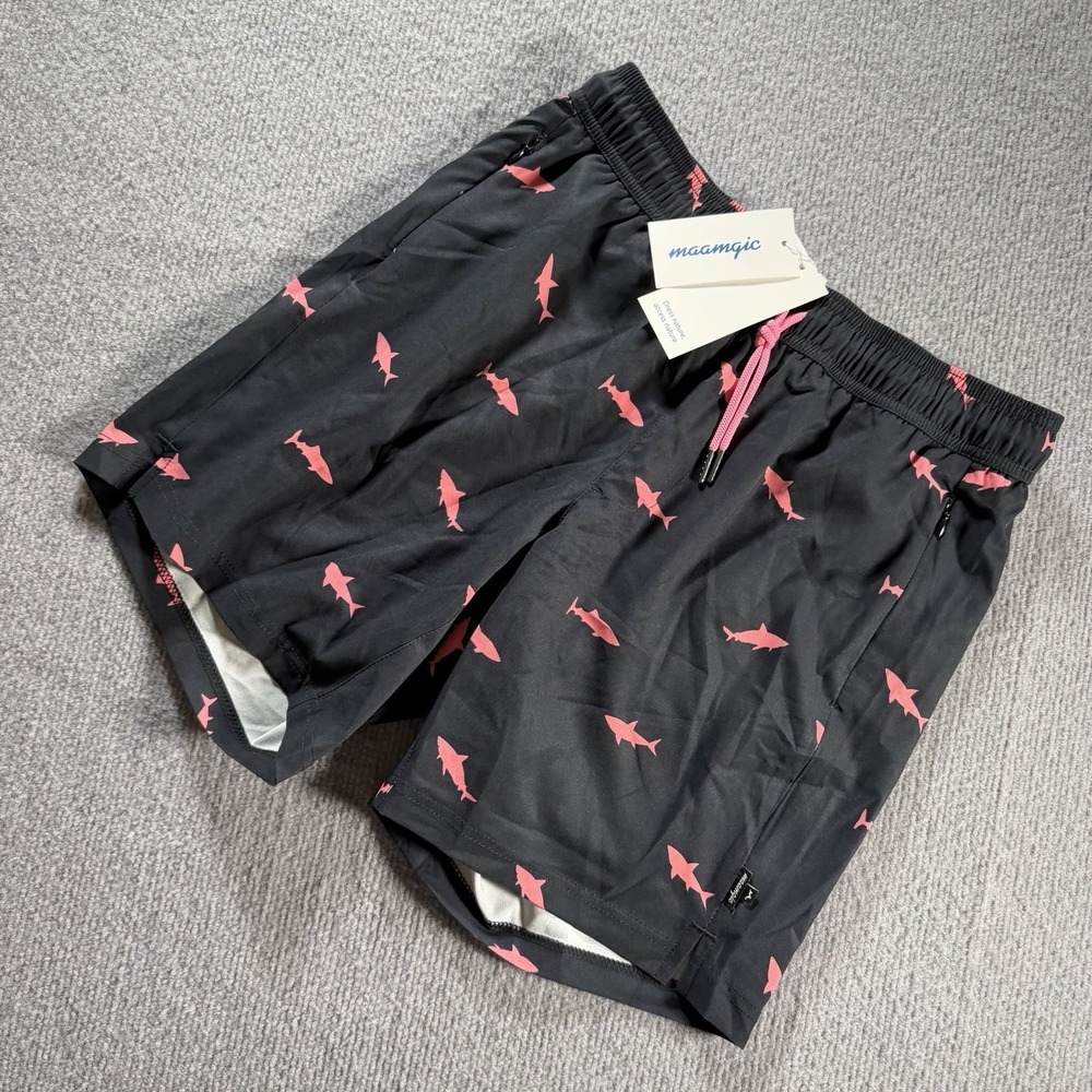 Maagic Men's Pink Sharks Print Swim Black Trunks Mesh Lining Size Small New